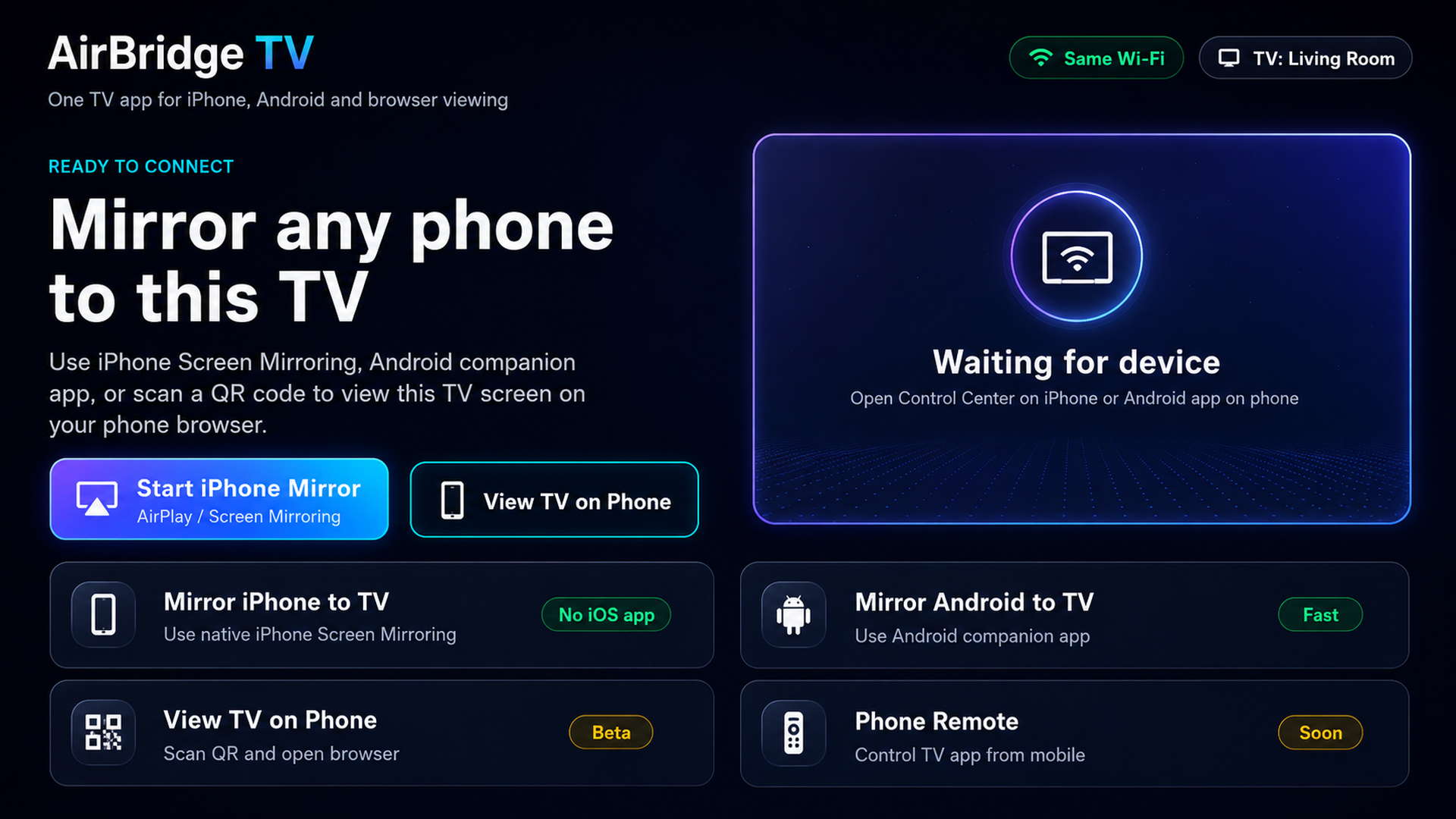 AirBridge TV home screen